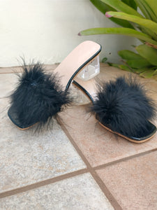 Feather Plush Heeled Mules